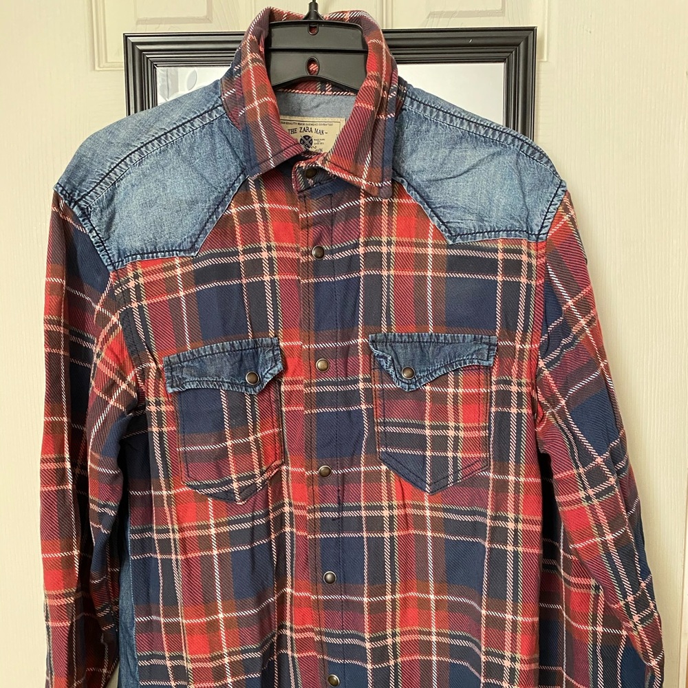 Zara Denim and Plaid Button Down Shirt